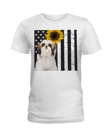 Sunflower America flag Shih Tzu white t-shirt
