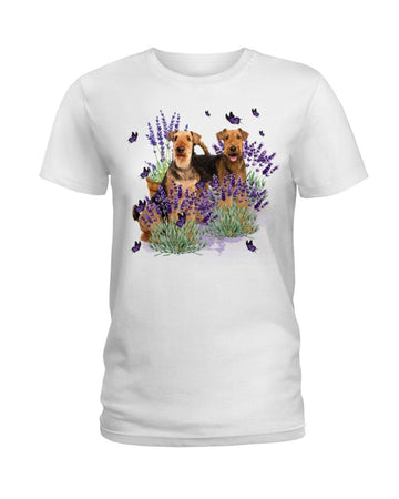 Airedale Terrier with lavender flower white t-shirt
