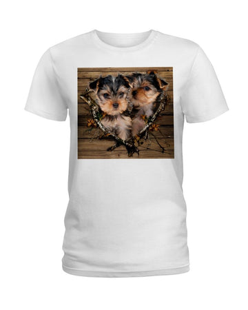 Woody background heart Yorkshire Terrier white t-shirt