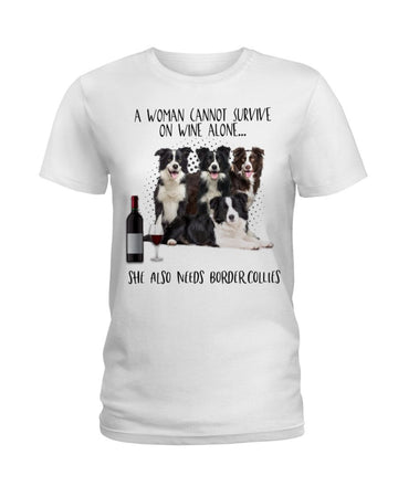Border collies a woman cannot survive on wine alone white t-shirt