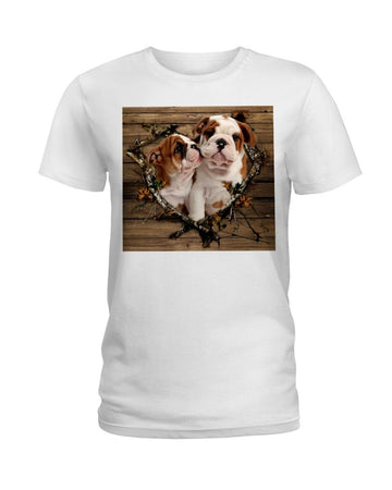Woody background with heart English Bulldog white t-shirt