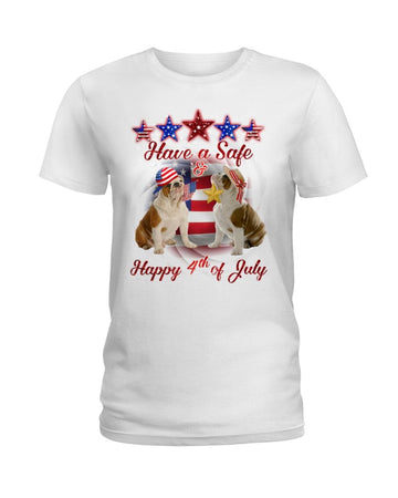 English Bulldog Have safe and happy July 4th white t-shirt