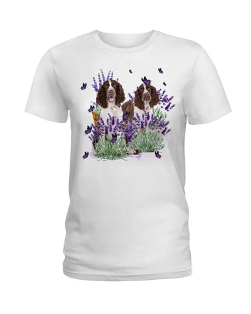 English Springer Spaniel with lavender flower white t-shirt