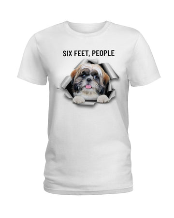 shih tzu six feet people white t-shirt