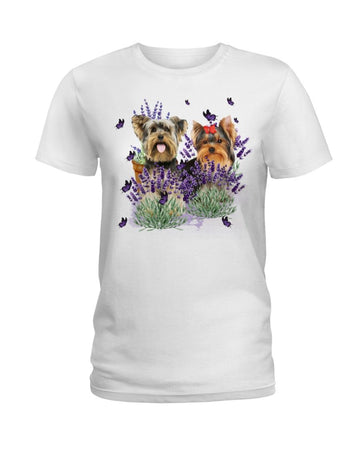 Yorkshire Terrier with lavender flower white t-shirt