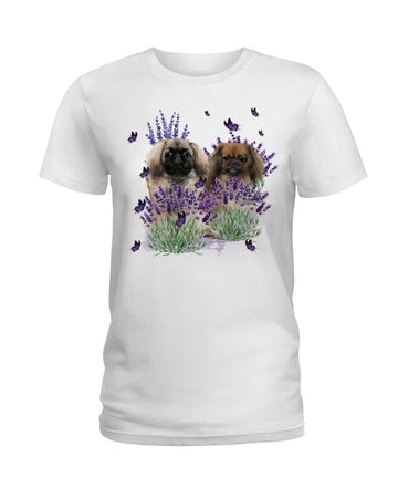 Pekingese With lavender flower white t-shirt