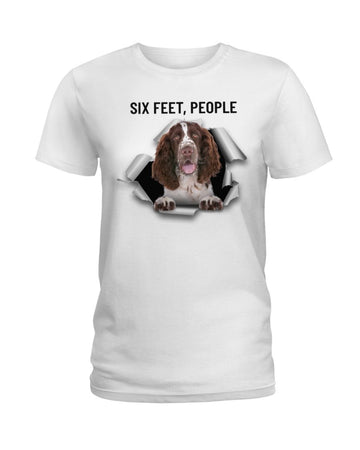English Springer Spaniel six feet people white t-shirt
