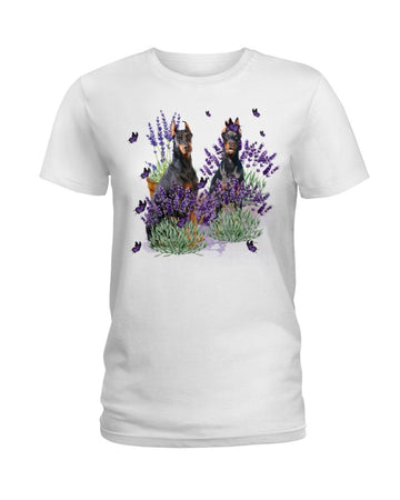 Doberman Pinscher with lavender flower white t-shirt