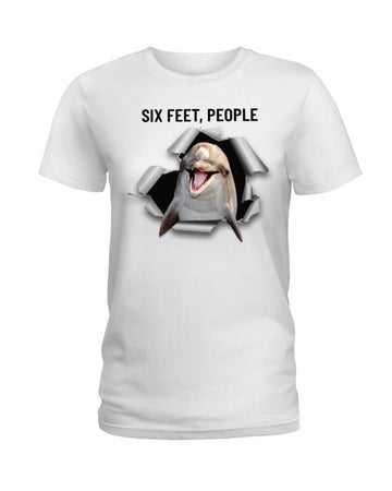 Dolphin six feet people white t-shirt