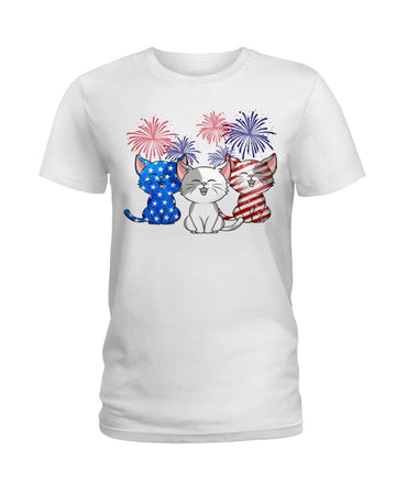 cat blue red white america flag white t-shirt