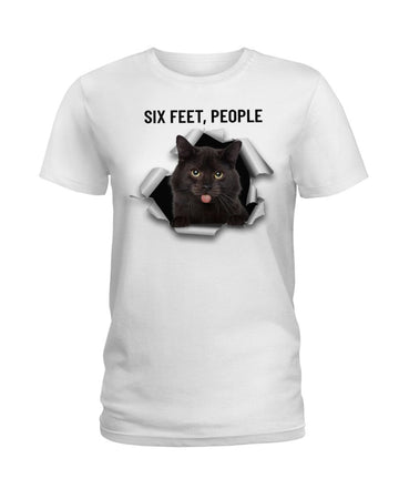 black cat six feet people white t-shirt