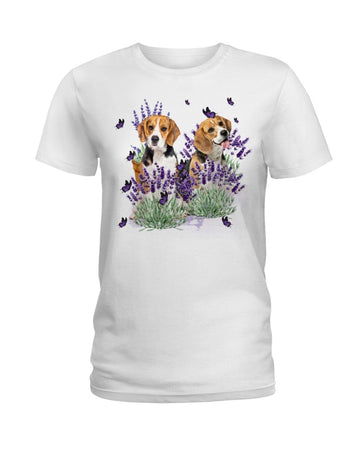 Beagle with lavender flower white t-shirt