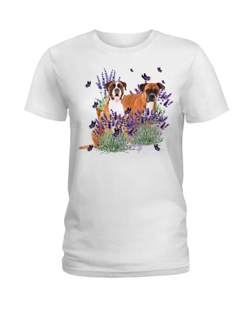 Boxer with lavender flower white t-shirt