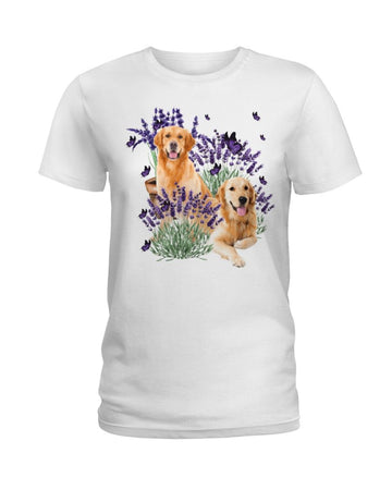 Golden Retriever with lavender flower white t-shirt