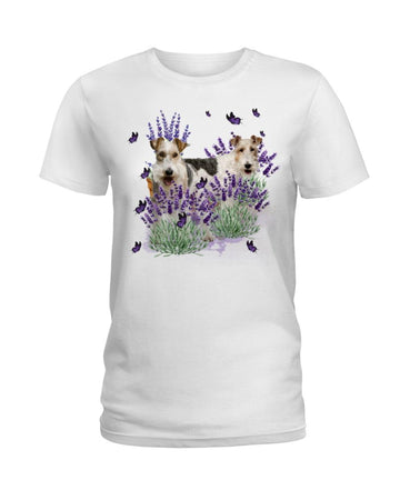 Fox Terrier with lavender flower white t-shirt