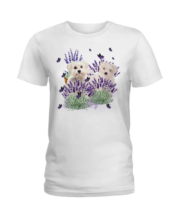 Maltese with lavender flower white t-shirt