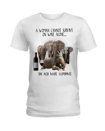 Elephants a woman cannot survive on wine alone white t-shirt