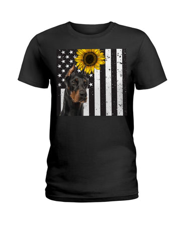 Doberman Pinscher Sunflower America flag Independence Day Black T-Shirt