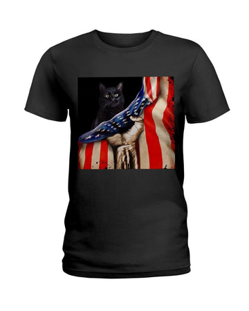 Black Cat Hello America flag Independence Day Black T-Shirt
