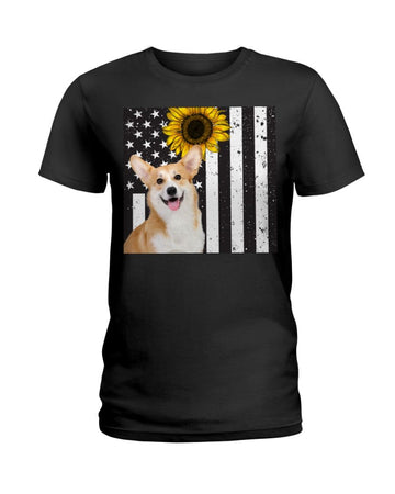 Corgi Sunflower America flag Independence Day Black T-Shirt