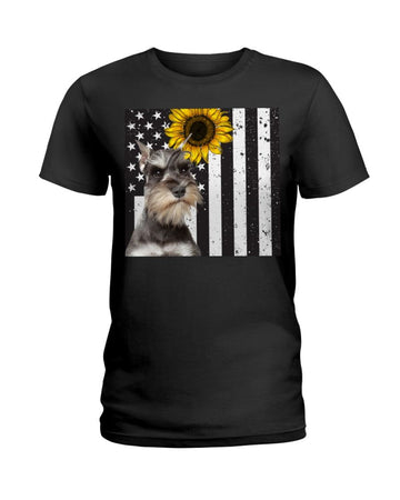 Mimiature Schnauzer Sunflower America flag Independence Day Black T-Shirt