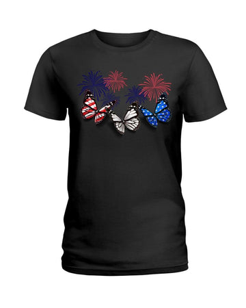 Butterfly freedom color american flag Independence Day Black  T-Shirt
