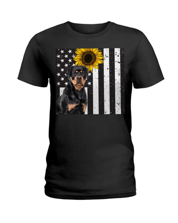 Rottweiler Sunflower America flag Independence Day Black T-Shirt