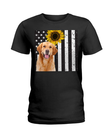Golden Retriever Sunflower America flag Independence Day Black T-Shirt
