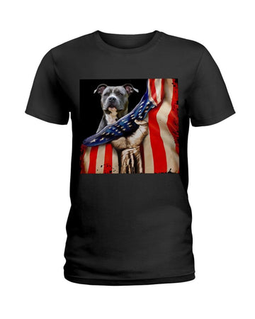 Staffordshire Terrier Hello America flag Independence Day Black T-Shirt