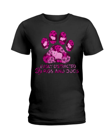 Pig and dogs Hibiscus Distracted by Black T-Shirt