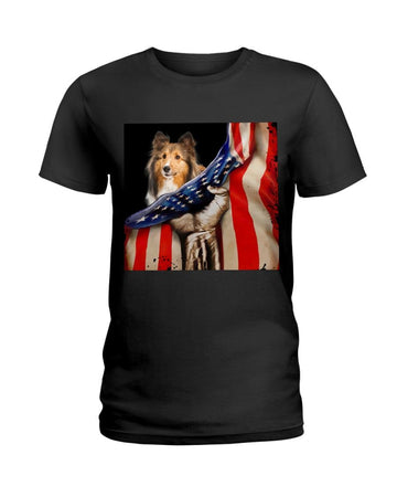 Shetland Sheepdog Hello America flag Independence Day Black T-Shirt