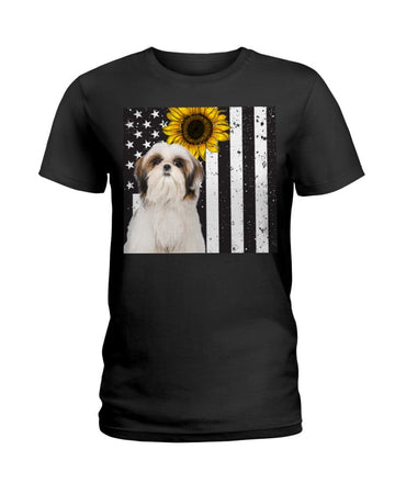Shih Tzu Sunflower America flag Independence Day Black T-Shirt