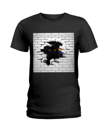 Black Cat Rainbow Wall Black T-Shirt