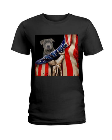 Staffordshire Bull Terrier Hello America flag Independence Day Black T-Shirt