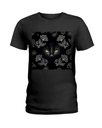 Black Cat Magical Flower Black T-Shirt