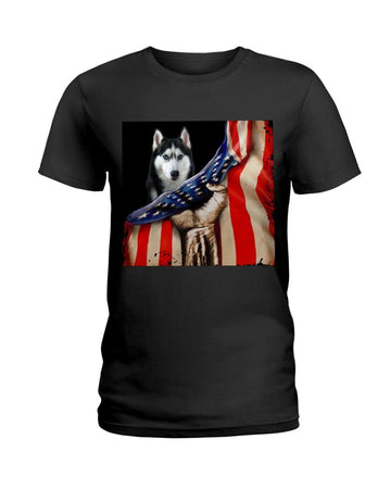 Siberian Husky Hello America flag Independence Day Black T-Shirt