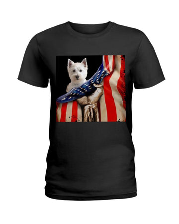 West Highland White Terrier Hello America flag Independence Day Black T-Shirt