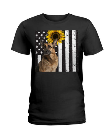 German Shepherd Sunflower America flag Independence Day Black T-Shirt