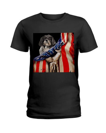 Shih Tzu Hello America flag Independence Day Black T-Shirt