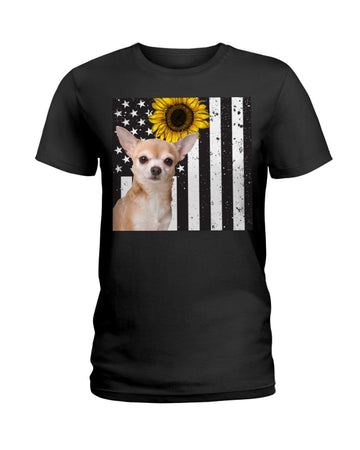 Chihuahua Sunflower America flag Independence Day Black T-Shirt