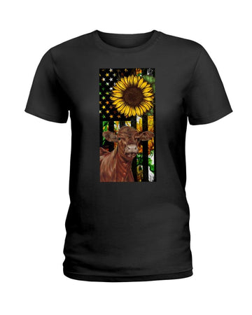 Cow  Vintage sunflower American flag Black T-Shirt