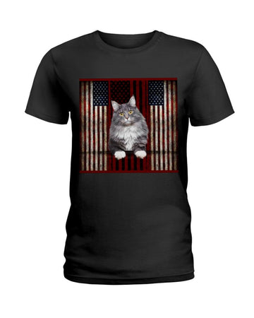 Maine Coon Cat american flag Independence Day Black T-Shirt