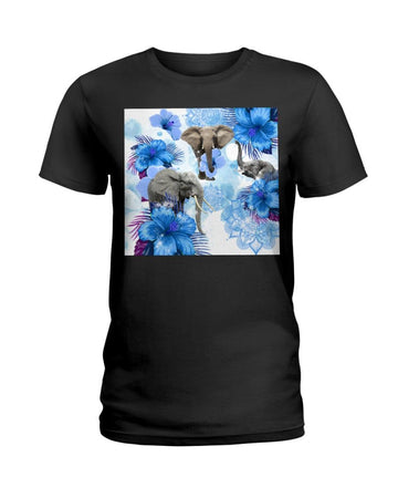Blue Flower Elephant Black T-Shirt