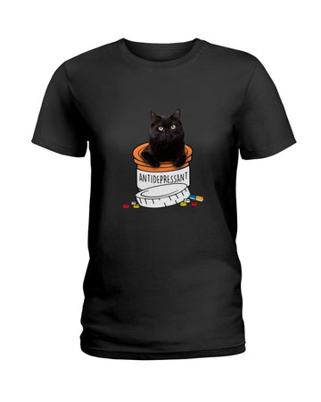 Black Cat Antidepressant Black T-Shirt