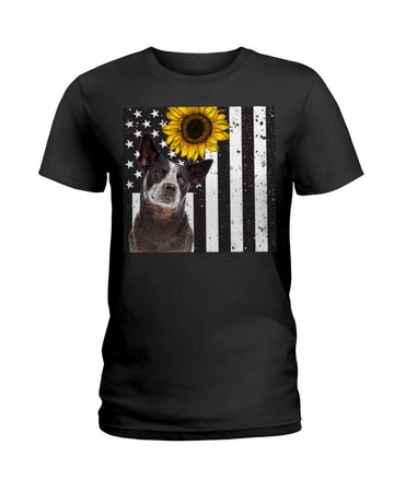 Heeler Sunflower America flag Independence Day Black T-Shirt