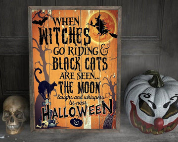 When witches go riding poster, Halloween poster, Happy Halloween, black cat poster, witch poster