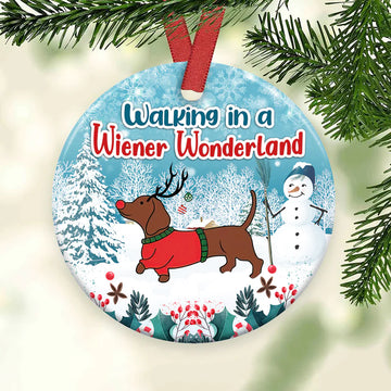 Dachshund Walking In A Wiener Wonderland Ceramic Ornament