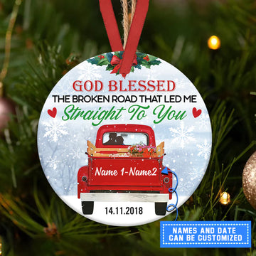 Red Truck God blessed the broken road Couple Personalized Ceramic Ornament