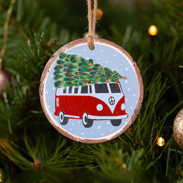 Hippie Van In Christmas Ceramic Ornament