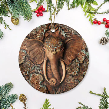 Elephant Wooden Style Mandala Ceramic Ornament